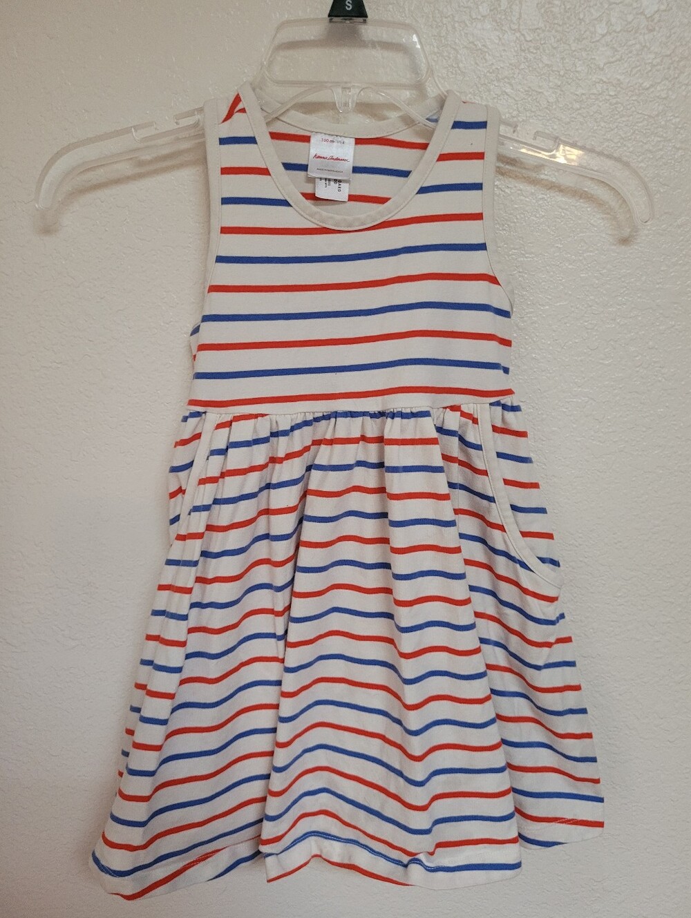 Hanna Andersson White Sleeveless Dress with Red & Blue Stripes with Pockets
